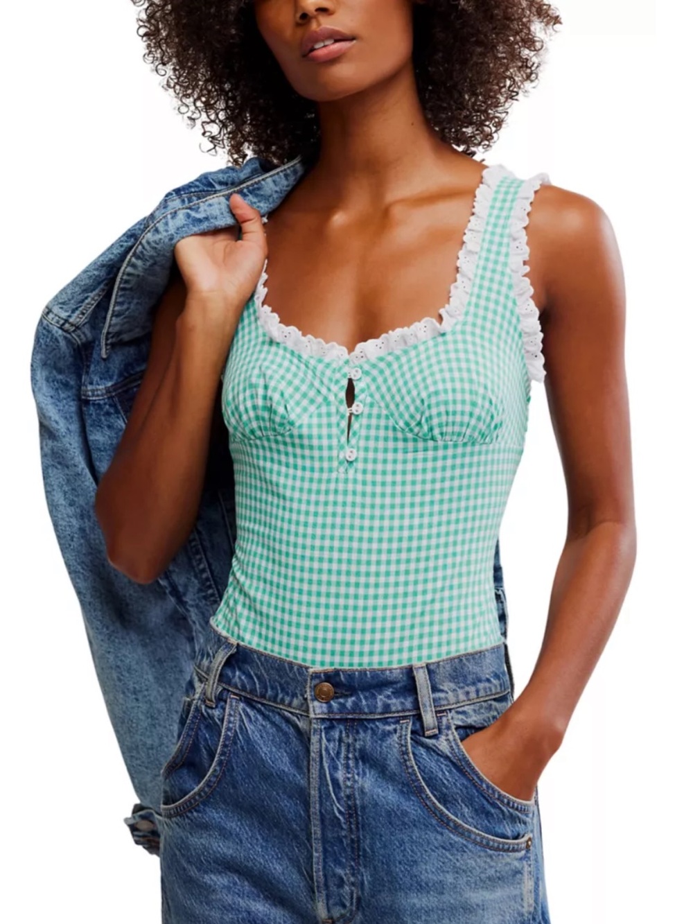 Free People FP Cassie Bodysuit Sleeveless Green Gingham Lace-Trim Tank Top